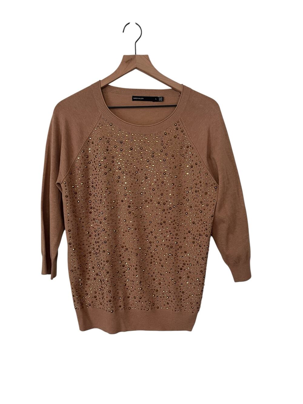 Karen Millen Camel Tan Gold Diamante Embellished Sparkly Sweater Size Large NWOT